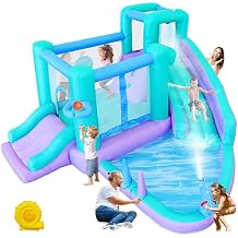 Inflatable Bounce House Water Slide, 141 x 138 x 78 Inches Blow Up Water Slides, Splash Pool, Basketball, Ring Toss Game, Target Balls, Water Cannon, Climbing Wall, Blower Included