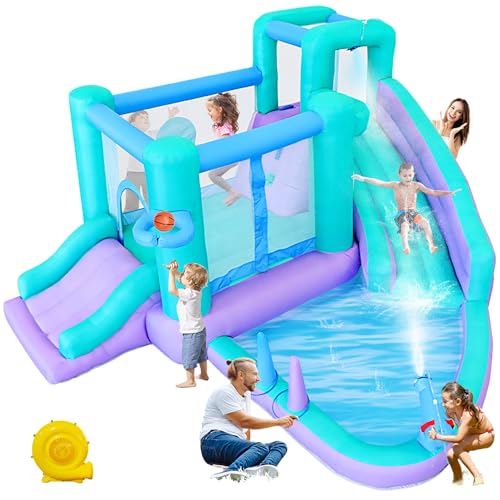 Bestsun Inflatable Bounce House Water Slide, 141 x 138 x 78 Inches Blow Up Water Slides, Splash Pool, Basketball, Ring Toss Game, Target Balls, Water Cannon, Climbing Wall, Blower Included by Bestsun - Used condition - US$220.41