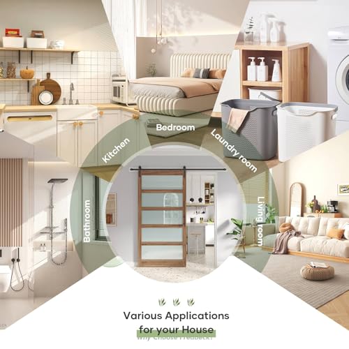 Image of FREDBECK 48 x 96 inch Glass Barn Door with 8FT Barn Door Hardware Kit & Handle Included,5-Panel Frosted Glass,Wood Panel, Water-Proof Surface,Pre-Drilled Holes,Need Assembly