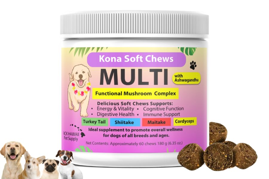 Image of Multi Vitamin Chews for Dogs with Mushroom Blend, Ashwagandha- Immune, Joint, and Digestive Health, 6.35 oz 60 Chews