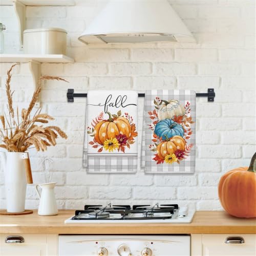 Image of Fall Pumpkin Kitchen Towel Farmhouse Grey Buffalo Plaid Dish Towels Set of 2, Autumn Thanksgiving 18 x 26 Inch Hand Towel Quick Drying Dishcloth Decor for Kitchen Bathroom Home