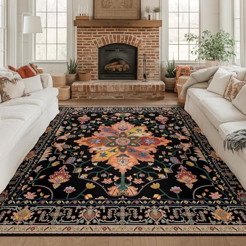 RELEANY Washable Area Rug, Square 8'x8', Black/Colorful
