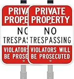 Large (2 Pack) No Trespassing Sign Private Property, 10 x 14 Inches Metal Signs Includes 36' Alloy Long Stake for Easy Installation, Rust-Free& Fade Resistant