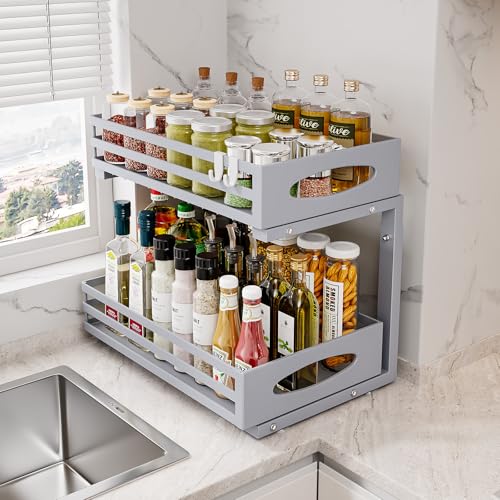 Image of Under Sink Organizer, 2 Tier Under Sink Organizers and Storage, Adjustable Height, Slide out Metal Cabinet Organizers, Pull out Cabinet Storage Drawer Shelf for Kitchen Bathroom (Gray, 1 Pack)