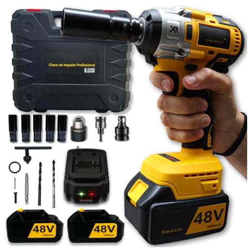 Chave de Impacto e Parafusadeira 48V com 2 Baterias de Lítio de 10000mAh e Maleta de Acessórios