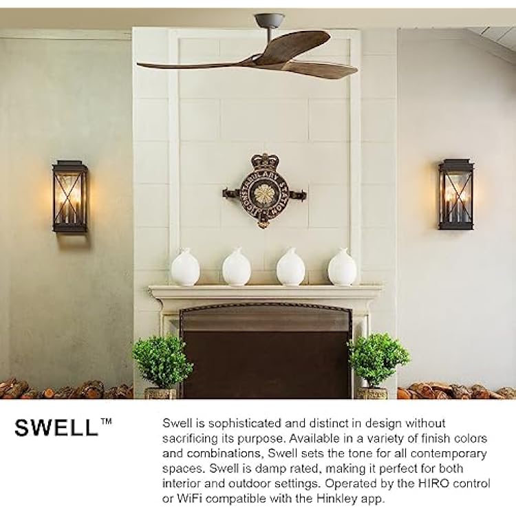 Hinkley Swell 60 Indoor/Outdoor Smart Ceiling Fan with Remote, Modern Propeller Design, Damp-Rated, Wooden Blades, Matte Black and Walnut blades