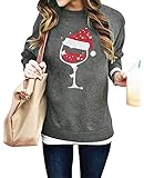 SUPEYA Women Red Wine Glass Christmas Sweatshirt Funny Christmas Pullover Xmas Santa Hat Graphic Blouse Tshirt Tops