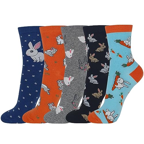 KONY Womens Cotton Crew Socks 5 Pack Cute Bunny Rabbit Pattern Novelty Fun Animal Socks Women and Teen Girls (5 Pack Bunnies)