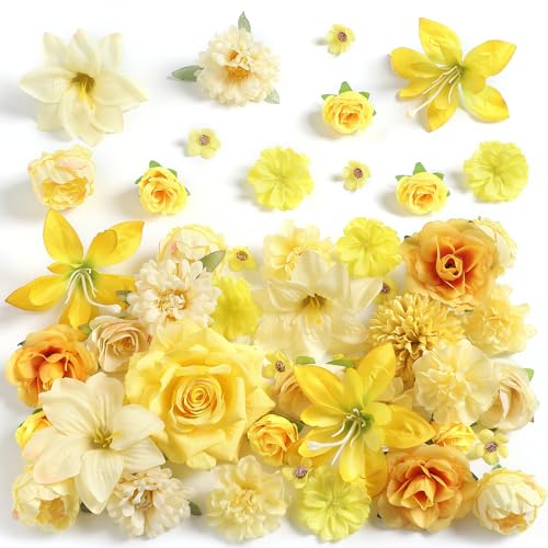 rongflower Fake Flower Heads for Crafts - Yellow Silk Artificial Roses, Peonies, Daisies & Mini Floral Heads Bulk (48-Pack) for Wedding Decor, Graduation Cap, Cake Topper, Baby Shower, Home Decoration