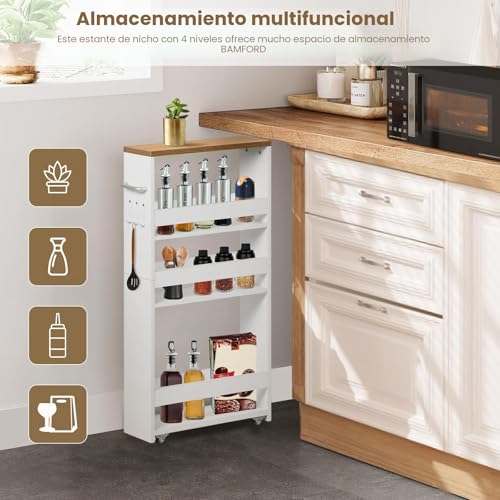 Miniatura 7 de Fetines Carrito De Cocina De 4 Niveles, Carro Auxiliar Estrecho Con Ruedas, Estante Nicho Con Asa, Mueble De Almacenaje Ahorra Espacio Para Cocina, Baño, Oficina, 40x14x80cm, Blanco Roble Claro