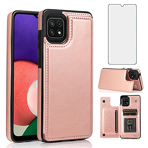 Étui portefeuille Samsung A22 5G en cuir rose avec protection d'écran en verre trempé
