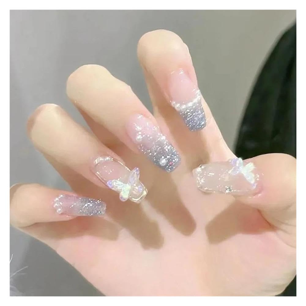 24Pcs Long Coffin Press On Nails Pink Rhinestones Artificial Fake Nails For Women Manicure Decorations