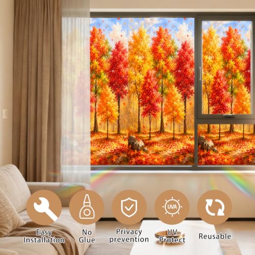 Image of Nuxovilar Fall Window Cling 17.7 x 39.4 in, White Frosted Maple Forest | White frosted PVC helps obscure views for privacy, with red, orange and golden maple trees in a colorful autumn woodland