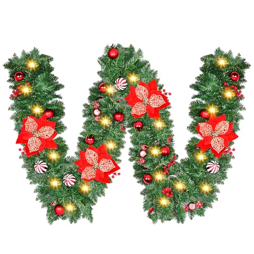 Guirnalda de Navideña, Guirnalda Navidad con Luces LED Impermeable, Corona Navideña Puerta 270cm, Decoración Navidad Moderna para Jardín, Chimenea, Escaleras, Exterior