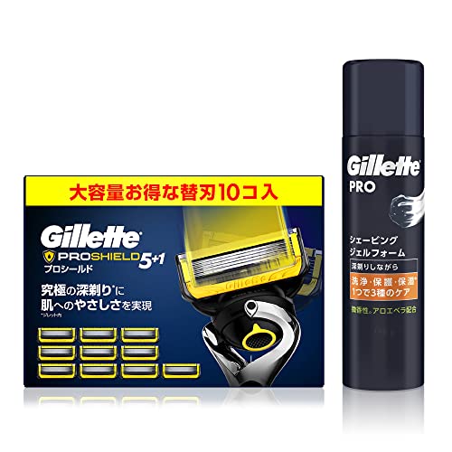【Amazon.co.jp限定】 ジレット プロシールド マニュアル 替刃(10コ) +シェービングジェルフォーム 195g【セット買い】髭剃り カミソリ 男性 メンズ