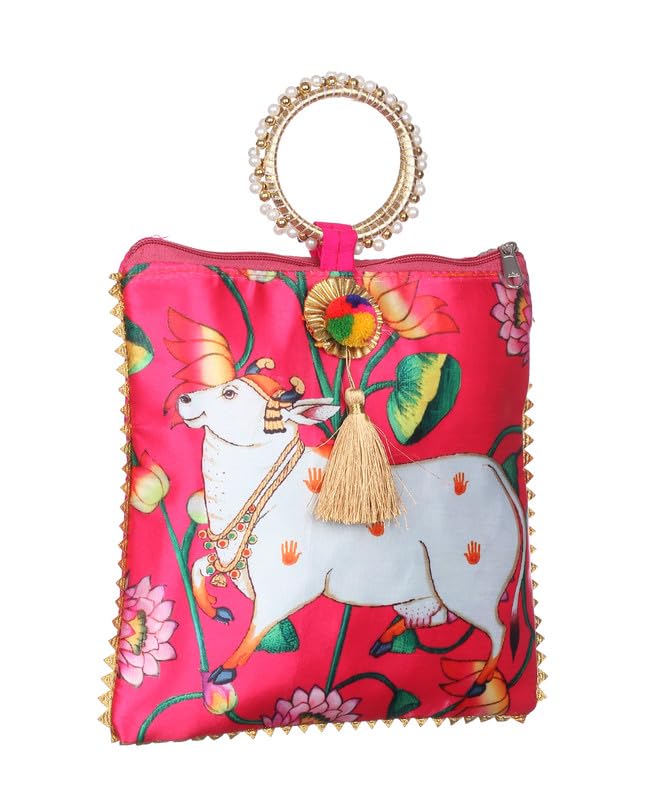 Sainik's Cow Print Wedding Return Gift for Women Wholesale Bridal Traveling potli Bag with Zipper for Ladies Baby Shower Shagun Purse Gifting Haldi Mehandi for Girl (25CMX23CM) 2