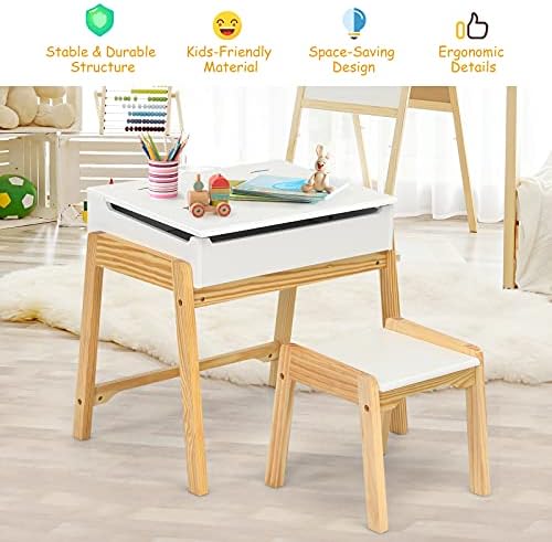 GYMAX Kids Table and Chair Set, Children Wooden Activity Desk Set with 1 Chair and Storage Drawer, Lift-Top Tabletop Toddler Furniture Set for Arts & Crafts, Snack Time (White)