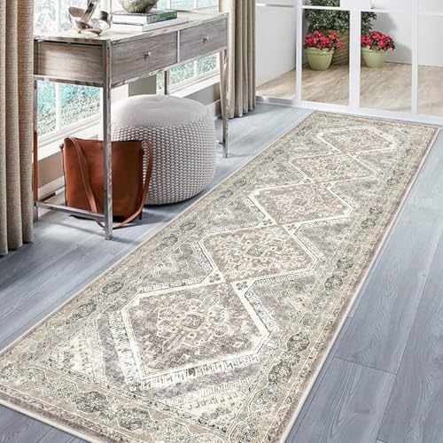 KUTA Vintage Washable Kitchen Runner 3x8, Non Skid Washable 8 ft Hallway Runners Ivory Grey Yellow, Soft Printed Oriental Carpet Rugs for Entryway Indoor Dining Room Bedroom Living Room Décor
