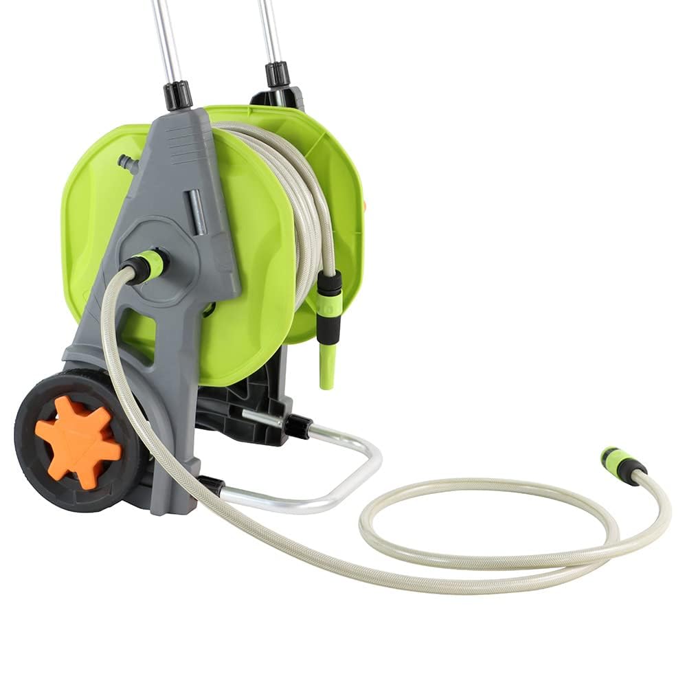 Amazon Basics Portamangueras enrrollable de plástico, con manguera de 30 m, Verde/Gris