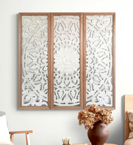 Image of Decor Delights Wall panel Floral MDF Wall Decoration Panel, Hanging Wood Carving Wall Decoration Panel for Living Room, Bedroom, Hallway, Office Wooden Wall Hanging Plaque, Wood Carving (Rectangular)