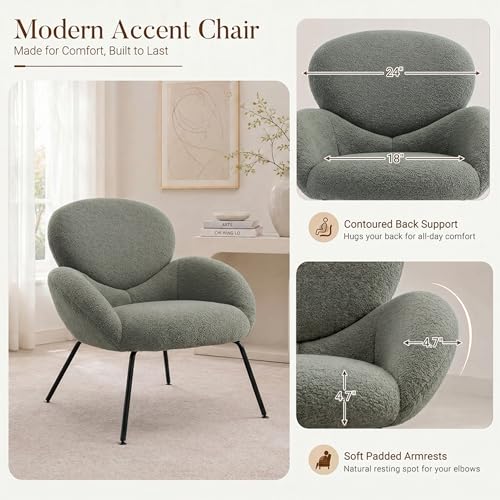 Image of Boucle Accent Chair w /Cloud Backrest for Small Space, Sage Green | Small Reading Chair with Soft Textured Boucle Fabric, Modern Style, Comfy Cloud Backrest for Living Room, Bedroom, Cafe