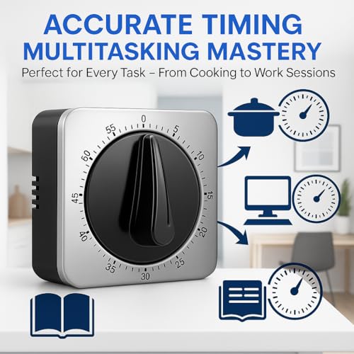 Miniatura 7 de Kitchen Timers - Temporizador De Cocina Con Alarma Fuerte, No Requiere Pilas, 100 Mecánico, Parte Trasera Magnética, Exquisito Cuerpo De Acero Inoxidable Recordatorio De Cuenta Regresiva Gris