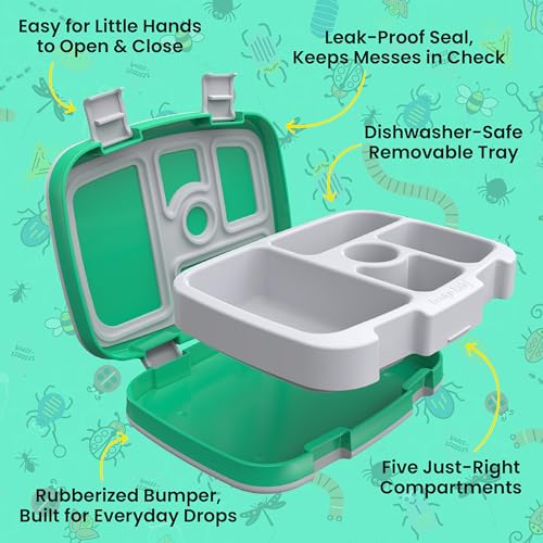 Image of Bentgo Kids Prints Leak-Proof, 5-Compartment Bento-Style Kids Lunch Box - Ideal Portion Sizes for Ages 3-7, Durable, Drop-Proof, Dishwasher Safe, & PFAS & BPA-Free Materials (Bug Buddies)