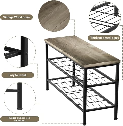 Image of 3-Tier Metal Shoe Rack with Wood Top - Durable & Space-Saving Shoe Organizer,Industrial Shoe Organizer Shelf Bench Storagefor Closet Entryway, Bedroom & Hallway