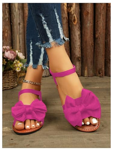 Image of GORGLITTER Women's Bow Flat Sandals 2026 Dressy Cute Ankle Strap Slides | Summer Shoes for Women 2026, Slip On Open Toe Flats, Slingback Slides, Vacation Dress Sandals