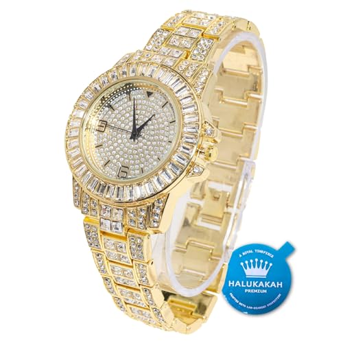 Halukakah Diamant Golduhr, Herren 18K Echt Vergoldet 38MM Breite Rund Wählen Quarz Armband 22cm, mit Geschenkbox