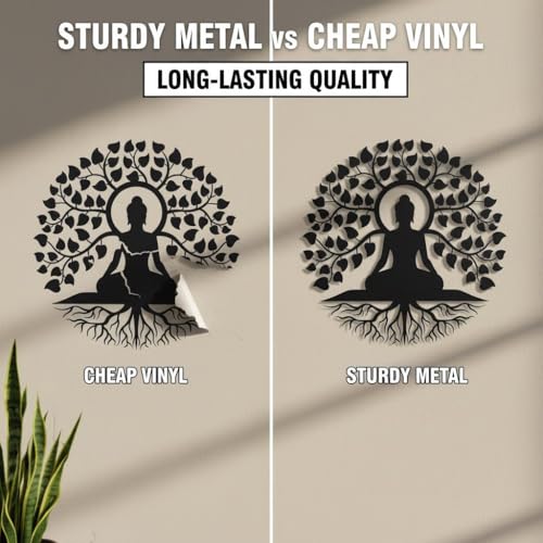 Image of Herrlich Homes Tree of Life Buddha Metal Wall Art |Meditation Yoga Altar Buda Indoor Zen Home Decor |Outdoor Garden Patio Hanging | 40CM X 40CM | Black