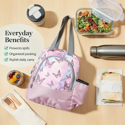 Image of ORBY Lunch Bag Butterfly Lavender | Water-Repellent Durable Fabric | Tiffin Bag with Bottle Holder & Front Pocket | Strong Zipper & Spacious Meal Storage (Butterfly Pattern, Lavender)