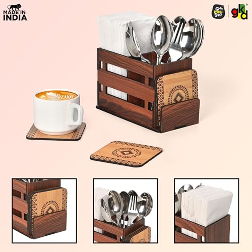 Image of Gift Kya De Wooden Cutlery Holder with 3 Compartments & 4 Designer Coasters | Multipurpose Utensil, Tissue & Spoon Stand | Table Organiser for Home, Kitchen, Office