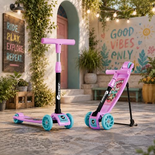 Image of Konex Kick Scooter for Kids (2+ Years) | 3 Broad Rubber Wheels for Smooth Ride | 4-Level Height Adjustable Handle | Foldable & Portable with Back Brake | Holds Up to 40 kg (Pink-Sea Green)