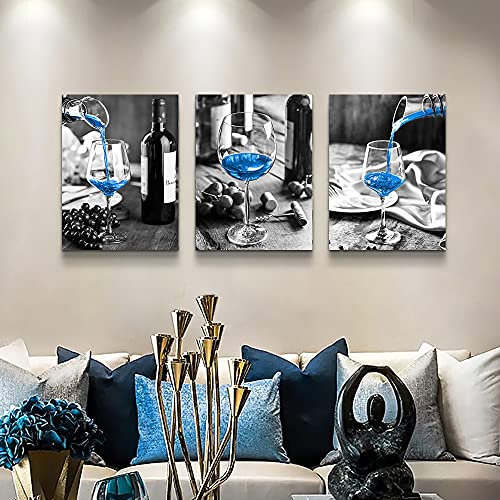 Canvas Wall Art For Kitchen Wall Decor For Dining Room Black And White Wine Glasses Painting Modern Blue Wine Canvas Art Prints Ready To Hang Pictures For Restaurant Home Decorations 12"X16" 3 Pieces #TOP3