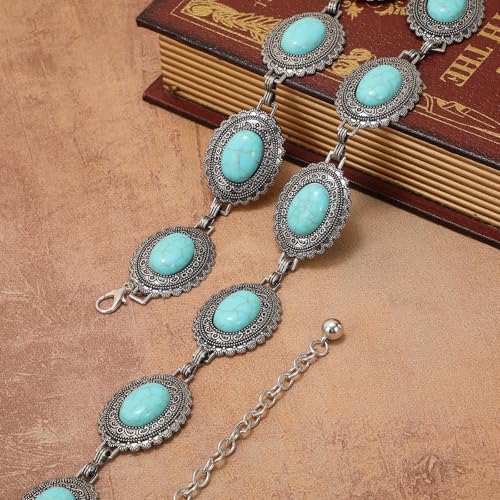 Image of WHIPPY Western Metal Concho Belt for Women Vintage Cowgirl Boho Turquoise Chain Belts for Dresses Jeans