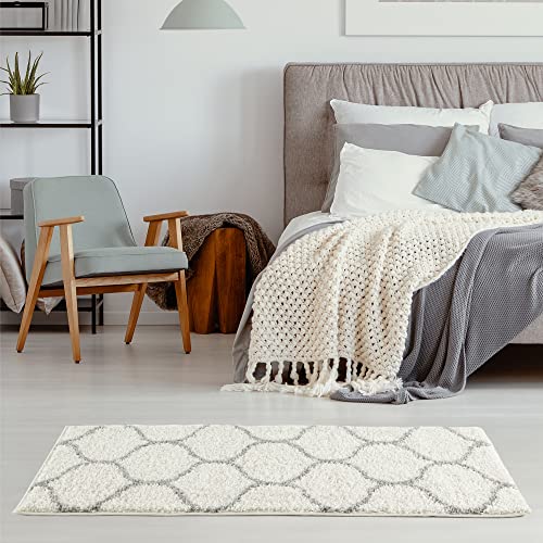 THE RUGS Shaggy Rug, Modern Moroccan Design Rugs for Living Room Bedroom, Hallway, 3 cm Thick Area Rugs, (Trellis Ivory/Grey - Image 4
