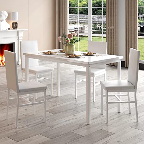 Hooseng Dining Table Set For 4, Space Saving Kitchen Table And Chairs For 4, 5 Pieces Faux Marble Dining Room Table Set With 4 Pu Leather Chairs For Small Space, Living Room, Breakfast Nook, White #TOP3
