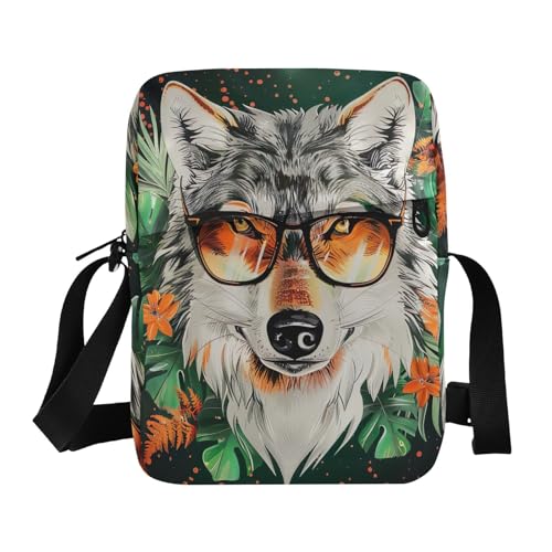 Crossbody Bag Glasses Wolf Animal Tropical Messenger Bag for Women Men Purse Shoulder Bag Satchel Bag with Adjustable Strap 214B6000