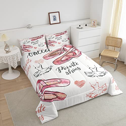 Girls Ballet Comforter Set Kids Ballet Shoes Bedding Set For Boys Teens Decor Girly Dancer Comforter Modern Trendy Pink White Duvet Set 3Pcs Full Size #TOP2