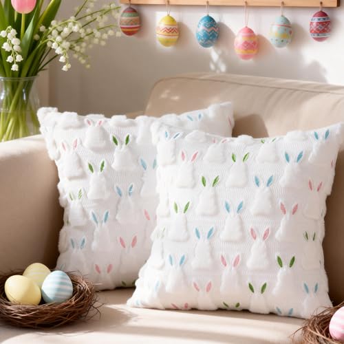 Image of ALFEVA Easter Pillow Covers 20 x 20 Inch Set of 2 Easter Decorations Cute Soft Plush Bunny Throw Pillow, Spring Farmhouse Decorations for Home Sofa Couch Living Room Bedroom