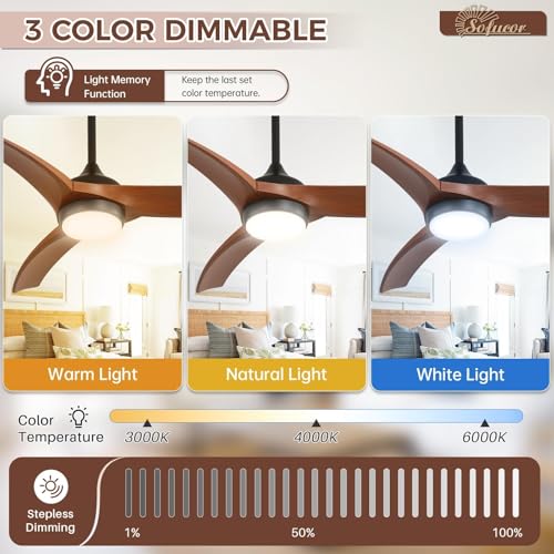Image of Sofucor 52 Inch Modern Ceiling Fan with Light, Brown 3 ABS Blades | Remote Control Compatible, Reversible Quiet DC Motor, Timer, 6 Speeds, 3-CCT for Living Room Bedroom Patio Farmhouse