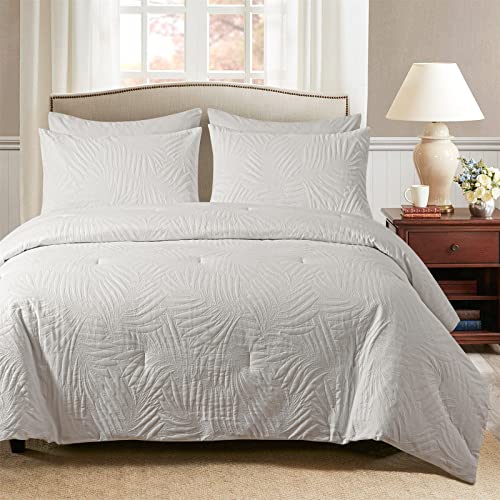 Lotus Karen White Comforter Set King Size Boho Bedding Comforter Set For All Seasons Leaves Embroidery 3Pcs Bedding Set (1Comforter + 2Pillowcase) #TOP2