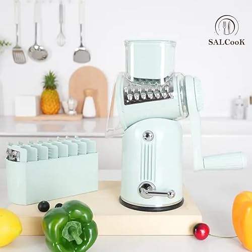Miniatura 8 de Rallador rotativo de queso con mango, triturador de queso, 5 cuchillas intercambiables de acero inoxidable, rallador, rebanador manual de verduras y