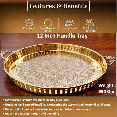 Image of Mkd2 Rise Handmade Embossed Pure Brass Puja Thali with Handle, 12 Inch Round Pooja Plate (Gold, 1 Piece) for Home Temple, Mandir, Office, Festival, Wedding, Diwali Gift