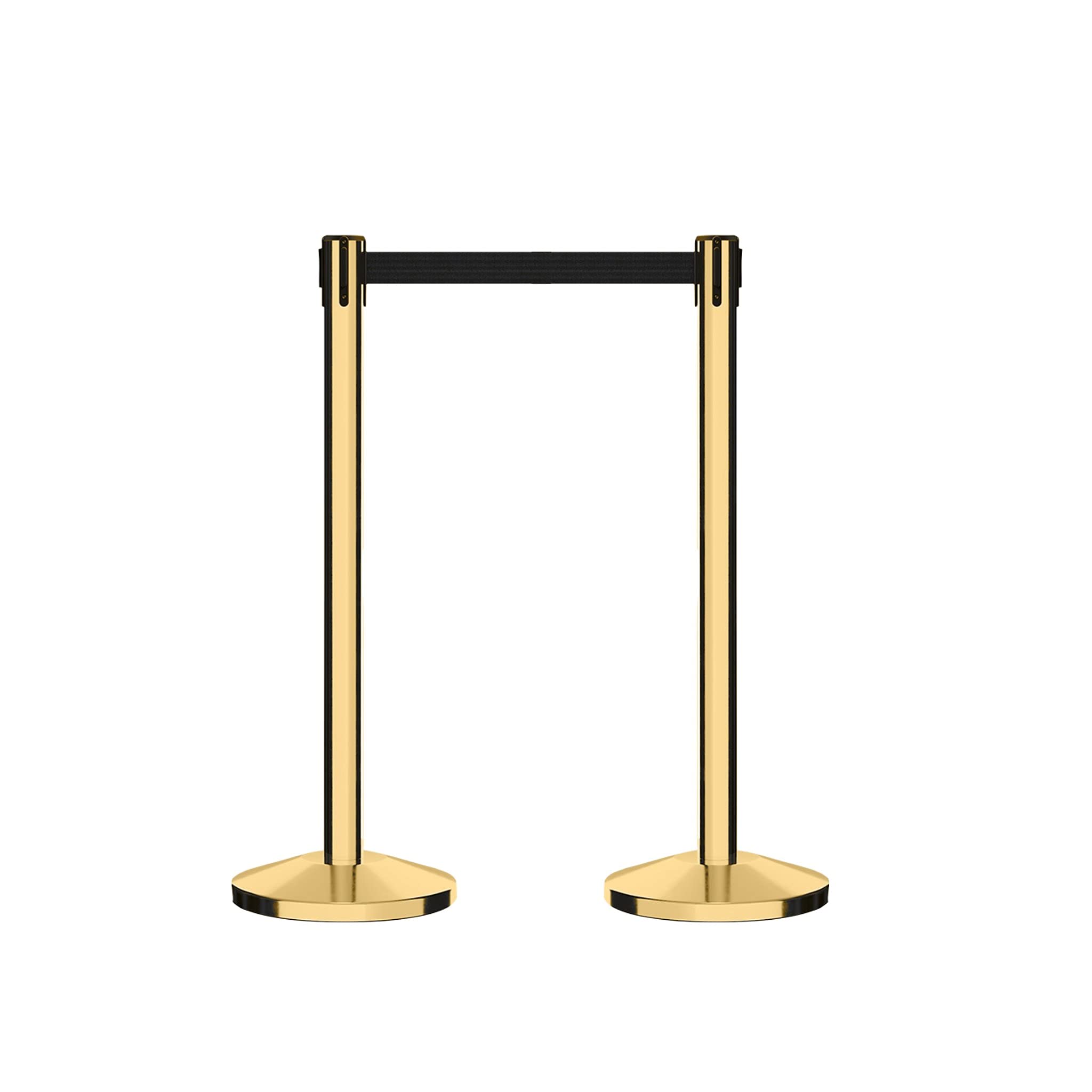 CCW Series RBB-100 - Set of 2 Stanchion Retractable Belt Barriers (7.5 Foot Belt, Yellow with Horizontal Reflective Stripe Belt with Polished Brass Post)