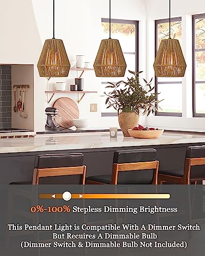 Elyona Woven Pendant Lights, 7 Inch Rustic Rattan Hanging Lamp Adjustable Handwoven Basket Shade, Boho Pendant Light Fixtures For Kitchen Island thumb #1
