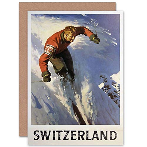Wee Blue Coo TRAVEL WINTER SPORT SKIING SNOW SKIIER SWITZERLAND GREETINGS CARD