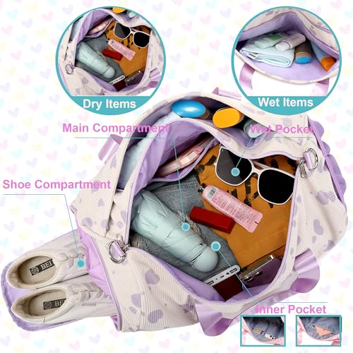Jumpopack Corduroy Dance Bag Girls Duffle Bags Gymnastics Overnight Sleepover Gym Bag with Shoe Compartment and Wet Pocket,Heart Shape — view 5