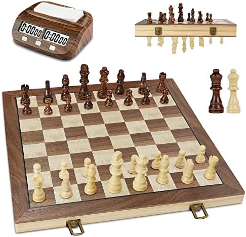 LEAP Magnetic Wooden 15.5’’ Chess Sets and Classic Chess Clock Wooden Appearance Bundle Great for Chess Board Game